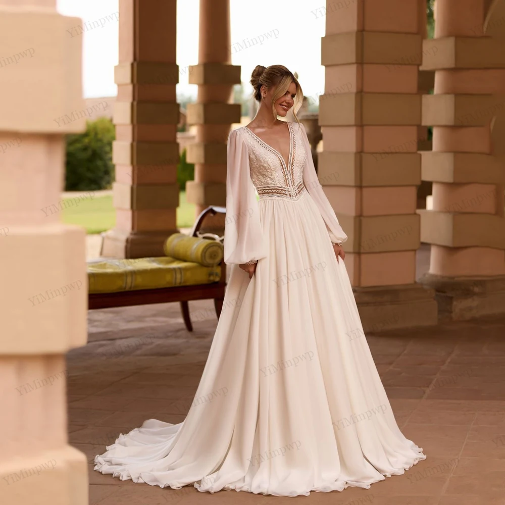 Chiffon Wedding Dresses Puff Sleeve Doble V-Neck Applique Civil Bride Gowns For Women A-Line vestidos para mujer Customized