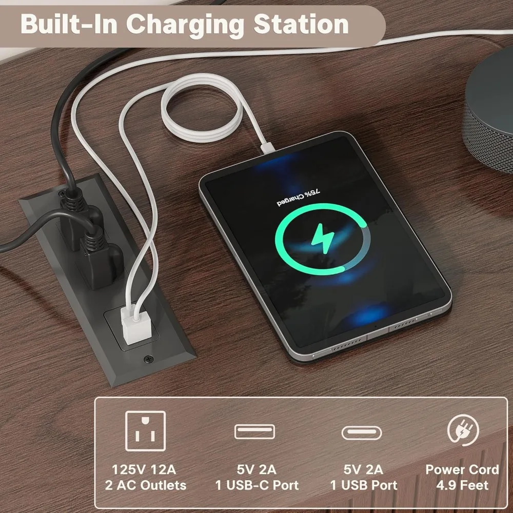 حامل تلفزيون حديث لمنتصف القرن مقاس 59 بوصة مع محطة شحن، وطاولة وحدة تحكم وسائط تلفزيون بحافة منحنية مع درج ورف، #4