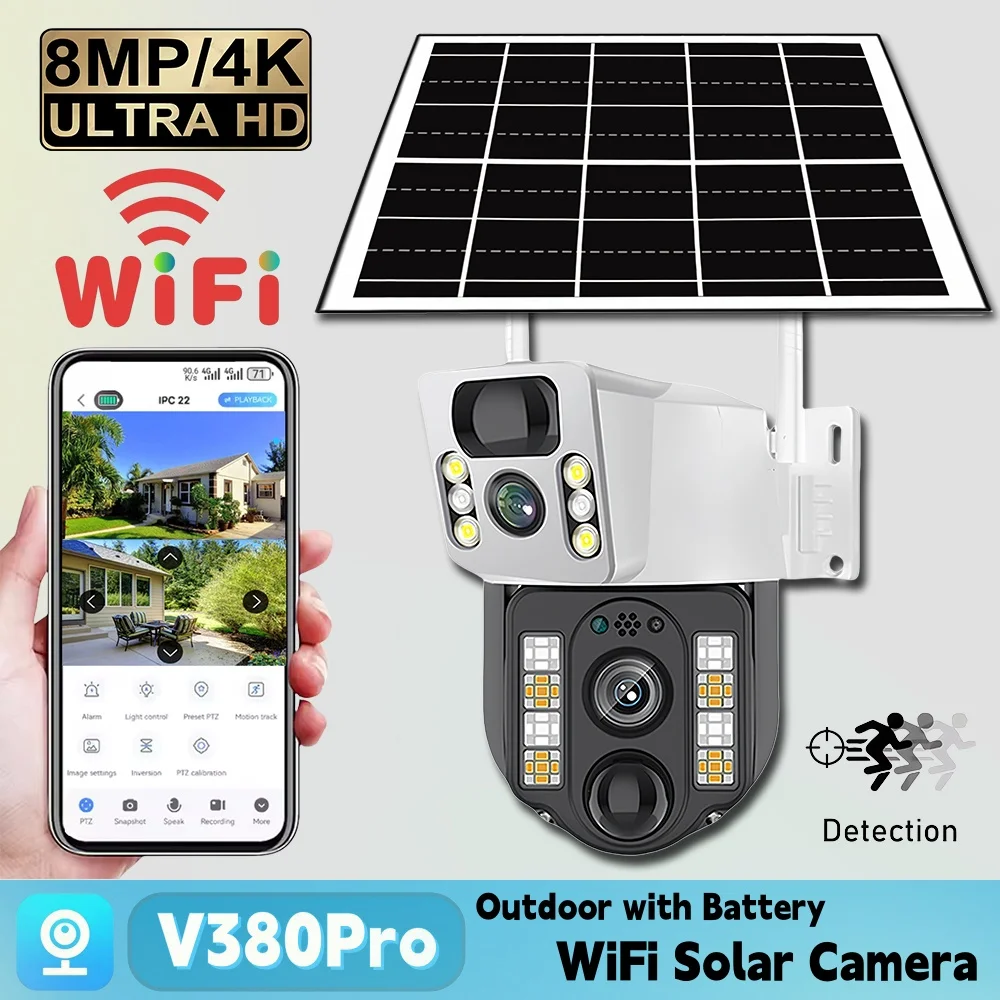 V380 Pro Security Solar Camera 4G Dual Lens Outdoor 8MP Low Power Battery IP Security Protection Camera PIR Night Vision CCTV