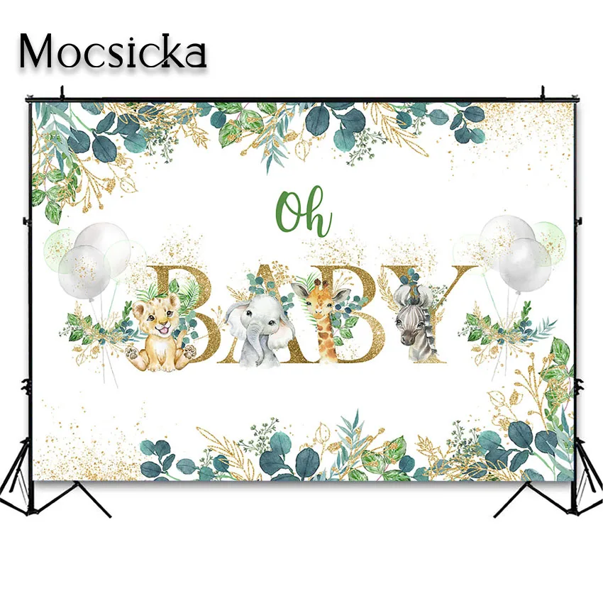 Mocsicka Oh Baby Backdrop Safari Party Decoration Gold Green Jungle Animals Baby Shower Birthday Party Photoshoot Background