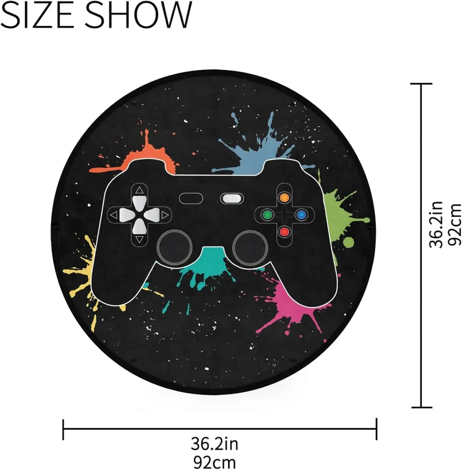 Gaming Controller Splash Art Round Rug Black Background for Gamer Room Decor