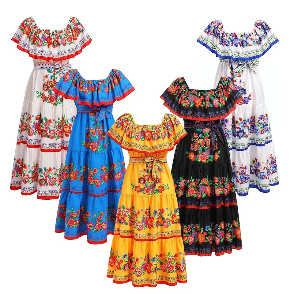 Dresses Embroidered Amazon Prime Mexican Dresses Mexican Traditional Ethnic  Mexican Cinco De Mayo Summer Floral Print