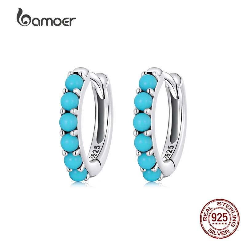 Bamoer 100% 925 Sterling Silver Simple Blue Turquoise Ear Buckles Earrings for Women Fashion Fine Customize Jewelry Wholesale