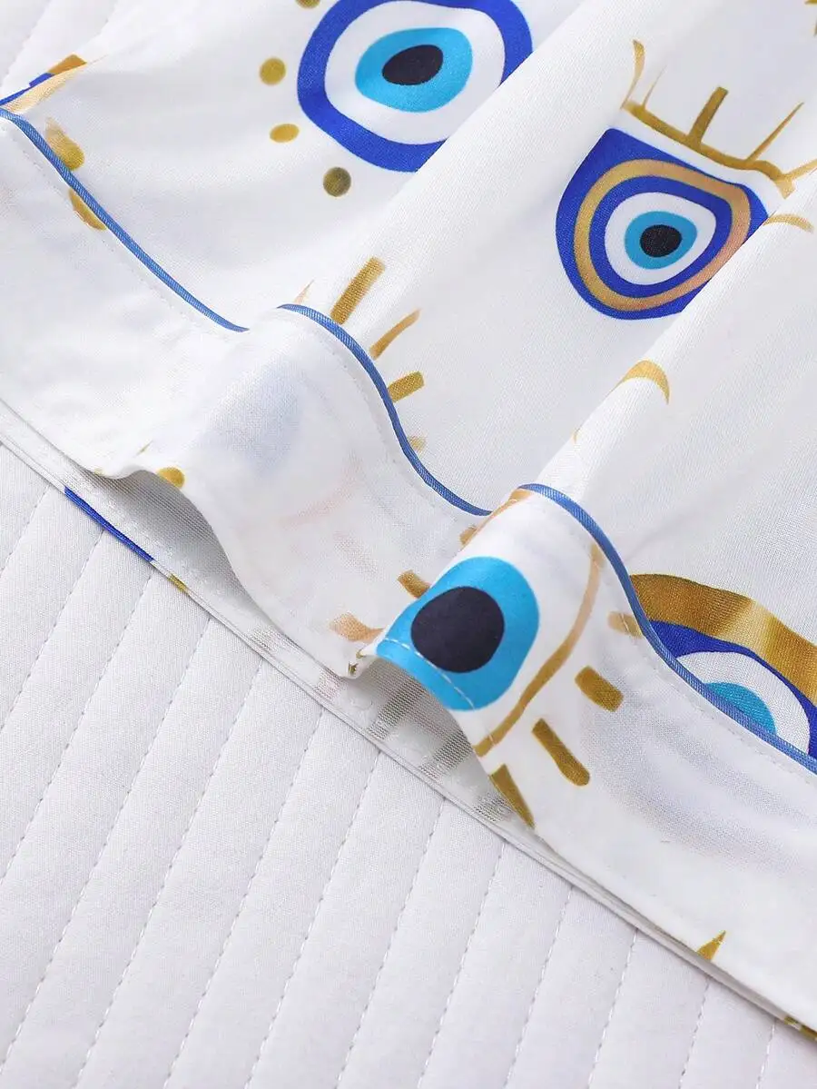 

Women 2pcs Eye Print Short Sleeve Collared Pajama Set Elastic Waist Sleepwear Loungewear