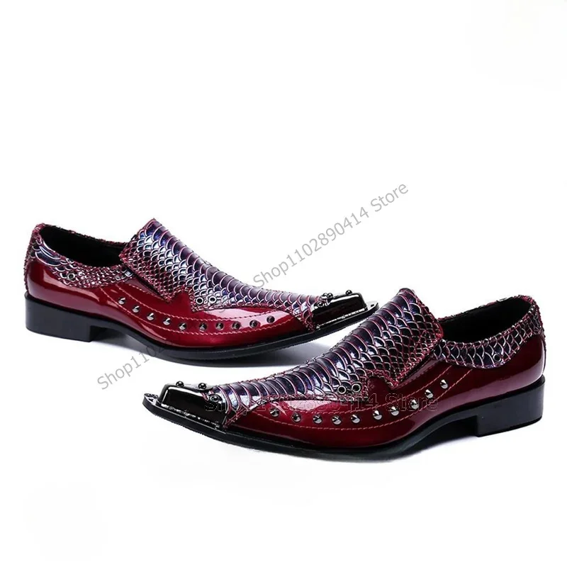 

Burgandy Snakeskin Print Rivets Decor Men Shoes Fashion Slip On Male Shoes Luxury Handmade Party Feast Banquet Men Dress Shoes