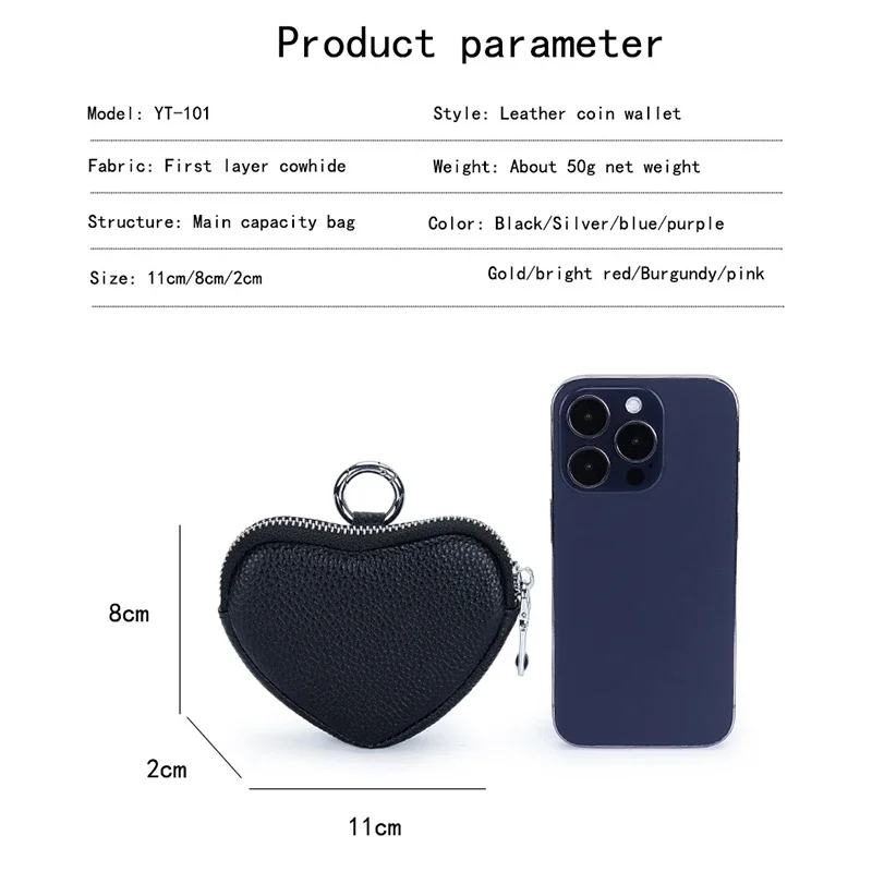 Love Coin Purse Heart Wallet Fashion Heart Shape Womens Zipper Small Wallet with Key Ring Genuine Leather Coin Purses for Girls