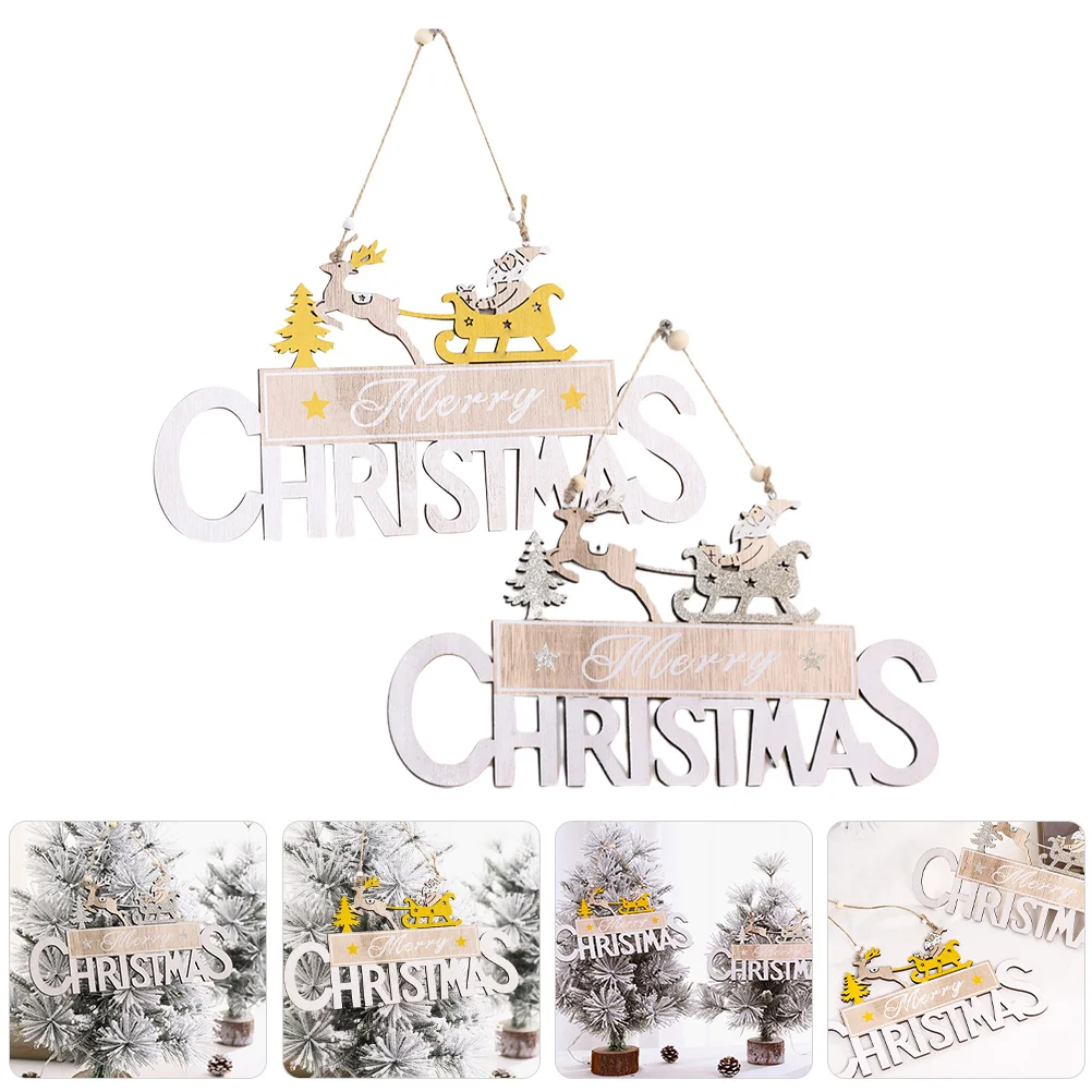 

2Pcs Christmas Deer Sleigh Hanging Wooden Plaque Sign Ornament Front Door Wall Xmas Party Decoration Decorative Sign