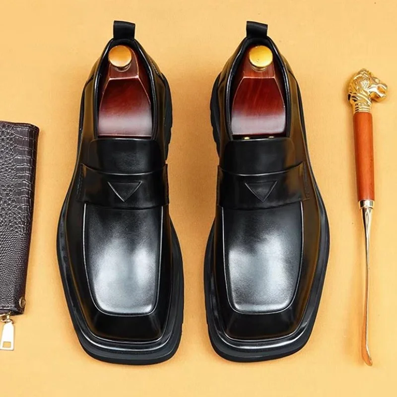 

4cm High Heels Thick Bottom Platform Shoes Men Height-increasing Shoes Square-toe Leather Loafers Mens Wide-foot Formal Shoes