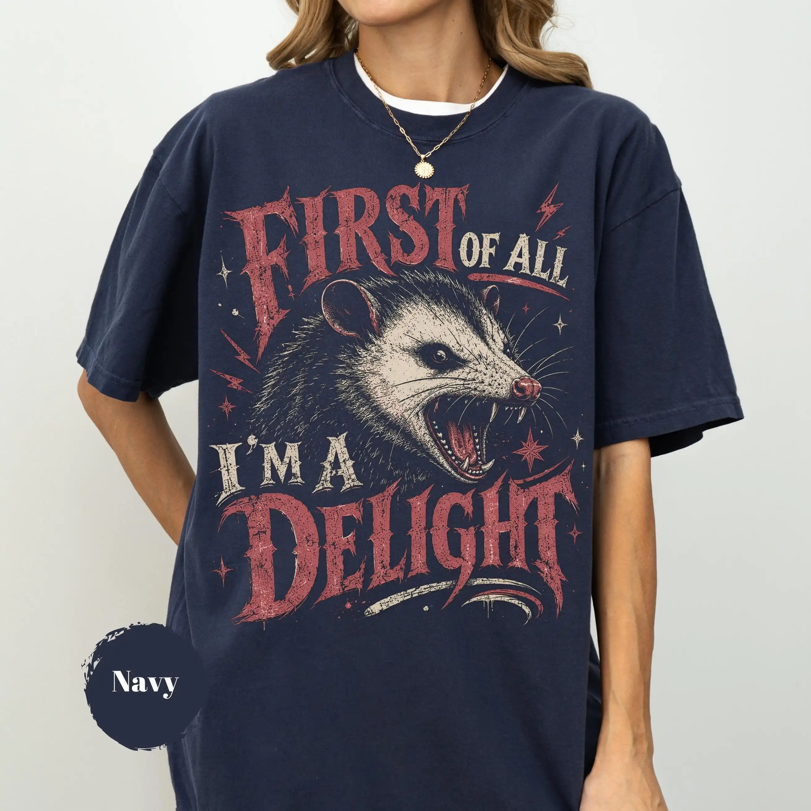 First of All I’m a Delight Shirt, Funny Possum Graphic Tee, Vintage Retro Tshirt, Cute Woodland Animal Aesthetic Gift