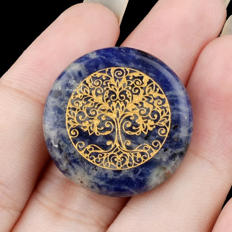 Sodalite Life of Tree 25MM Round Shaped Laser Engraving Nature Stone  Diagram Engraved  Pendant Pocket Jewelry Gifts
