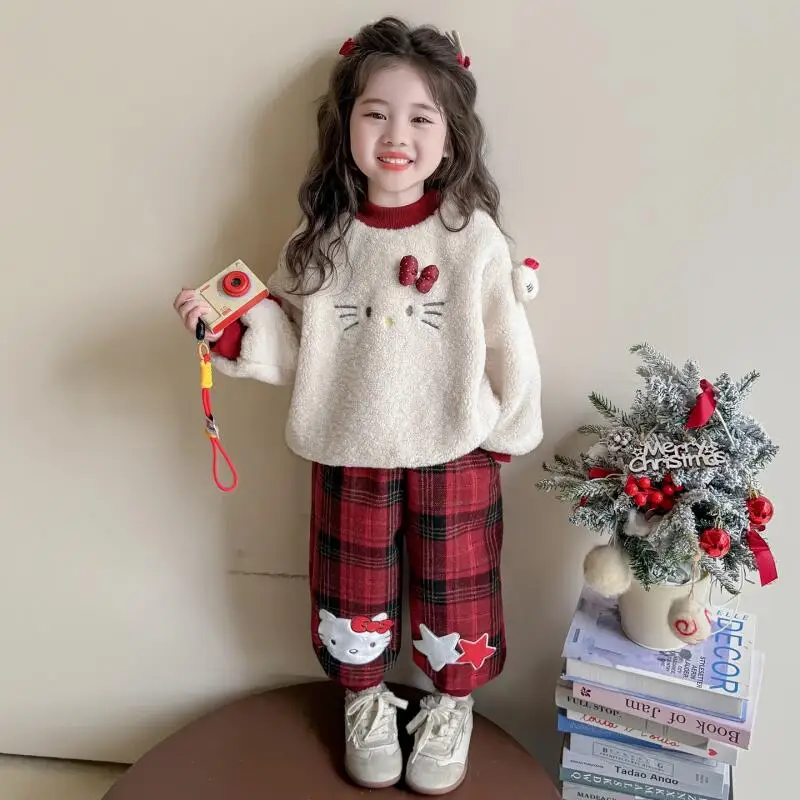 

Sanrio Hello Kitty Girls' Velvet Suit Autumn Winter 2025 New Cartoon Sweatshirt Warm Clothes Children's Plaid Casual 2Pc Set