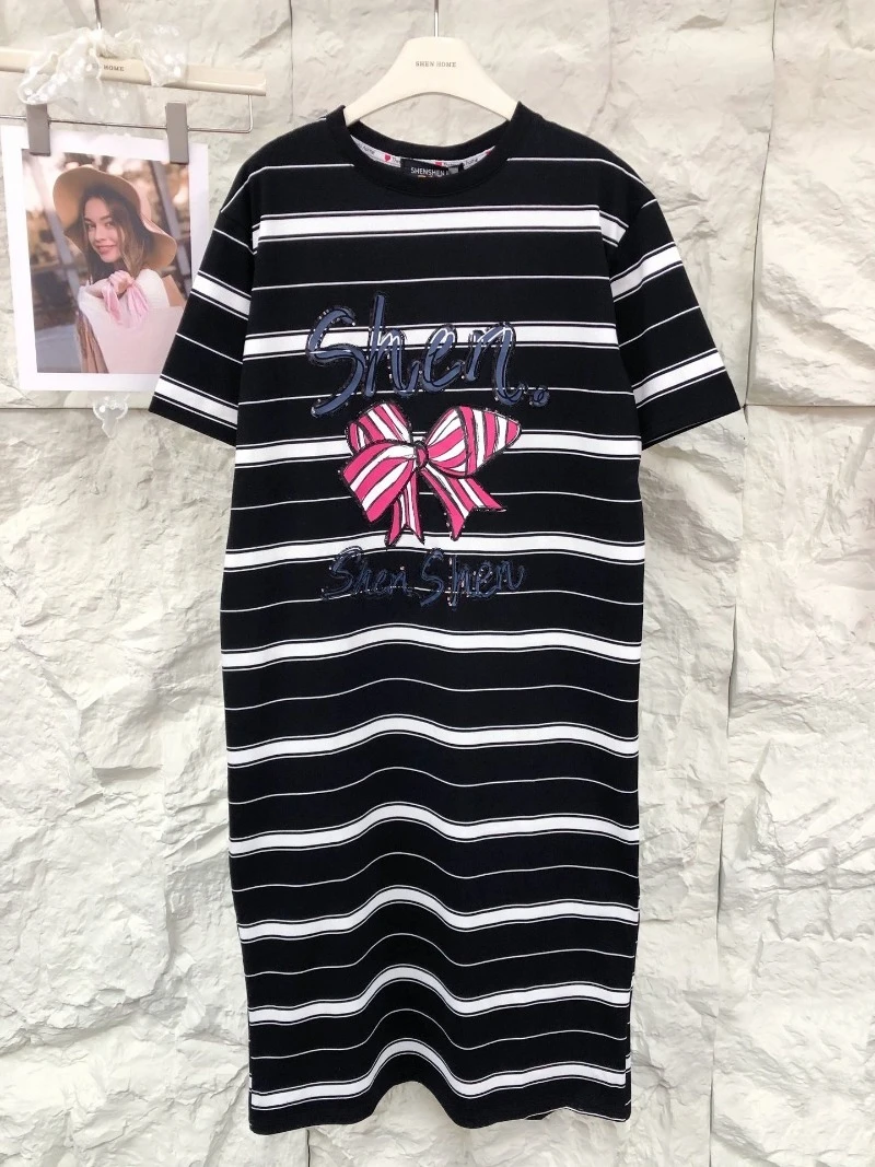 American Retro Style Bow Bead Printing Long Dresses Fashion Loose Design Striped Short-sleeved T-shirt Dress For Women's Clothes