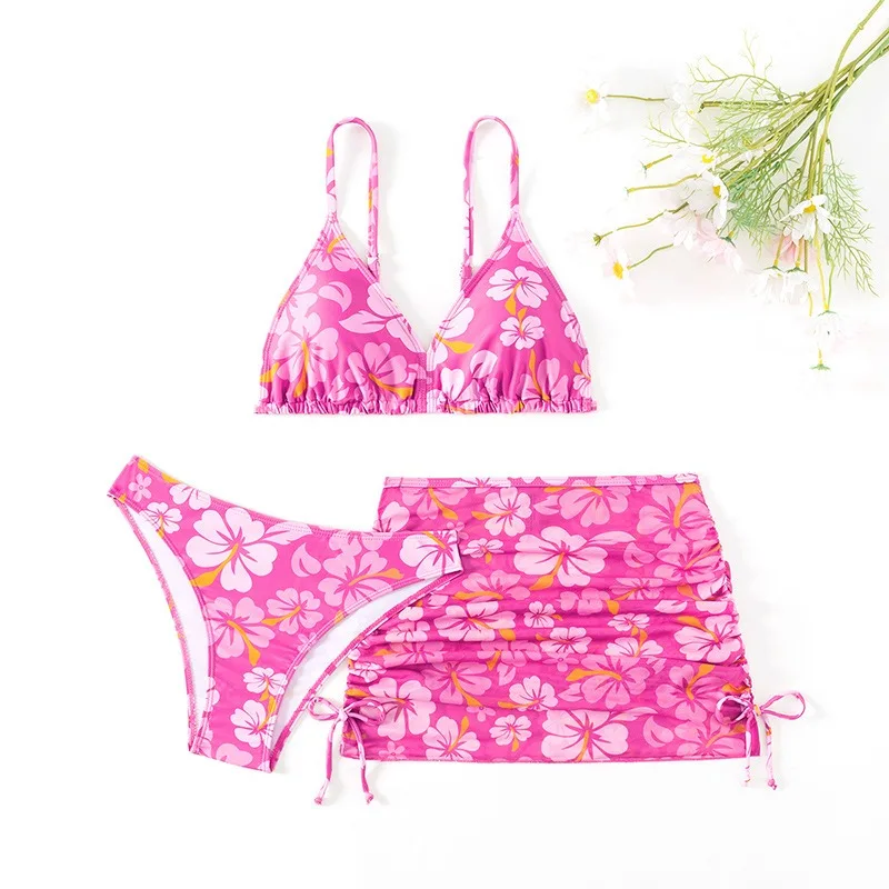 

Винтажный купальный костюм с цветочным узором, женские бикини, шикарный комплект бикини с треугольными чашечками, мини-юбка на шнурке, лето 2025, новый пляжный купальник