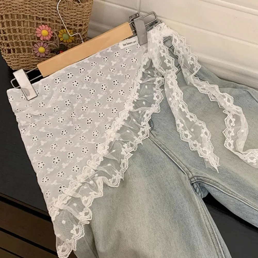 

Soft Sweet Lace Mini Skirt Flower Korean Style Gauze Skirt Hight Waist Lace-up Ruffled Edge Skirt Female