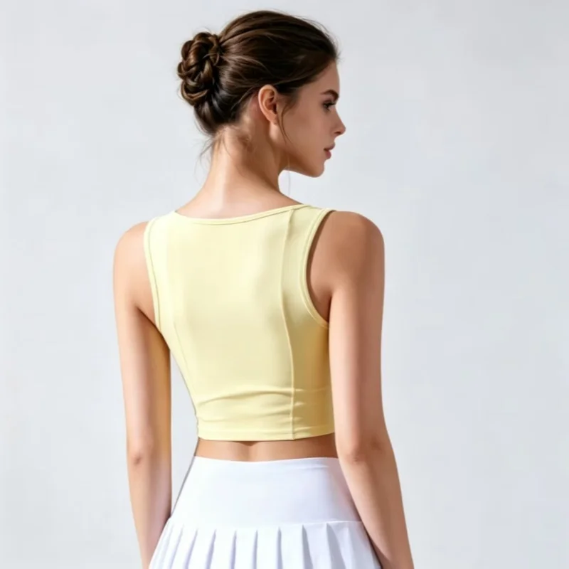 Yoga Crop Tank Top Women V Square Neck Slim Shaping Workout Vest Removable Padding Breathable Soft Stretch Summer Sleeveless