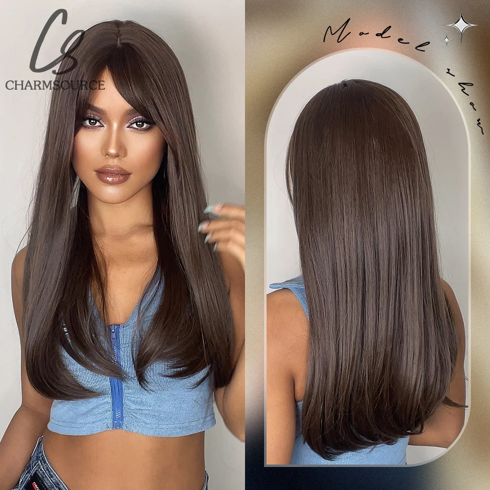 CharmSource Dark Brown Long Natural Straight Synthetic Wig Side Part with Bangs Hair Wigs for Women Heat Resistant