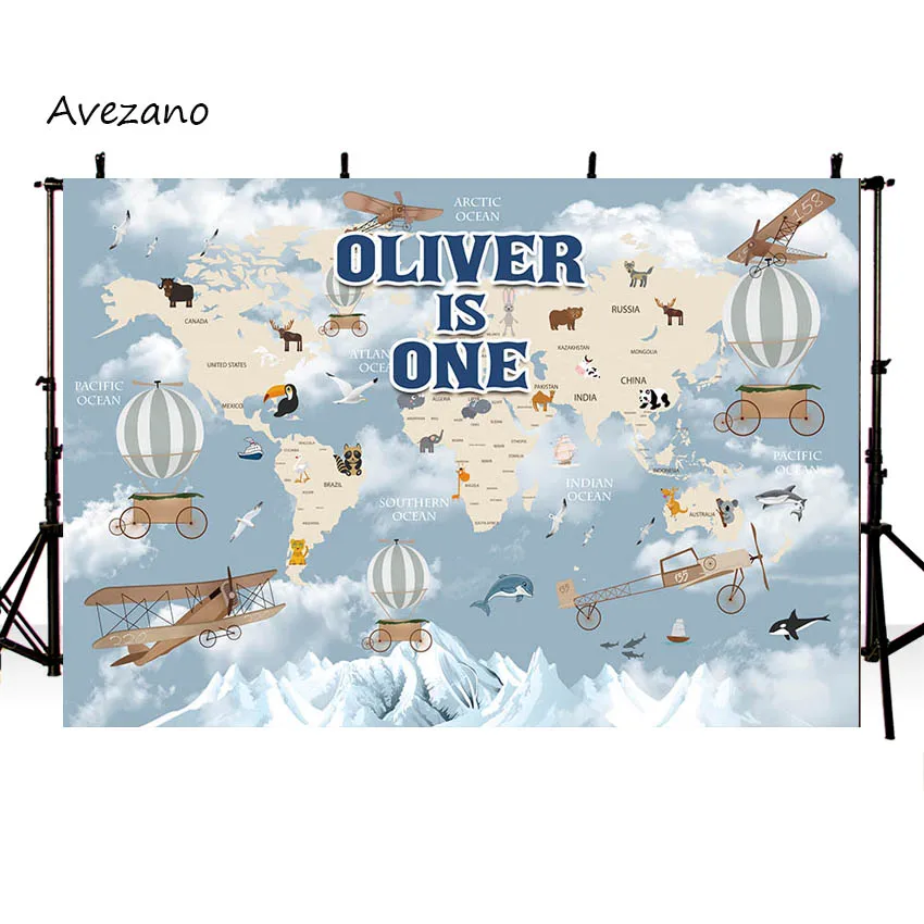 Avezano Photography Background Baby Show Baby 1st Birthday World Map National Animals Boy Girls Birthday Party Backdrop