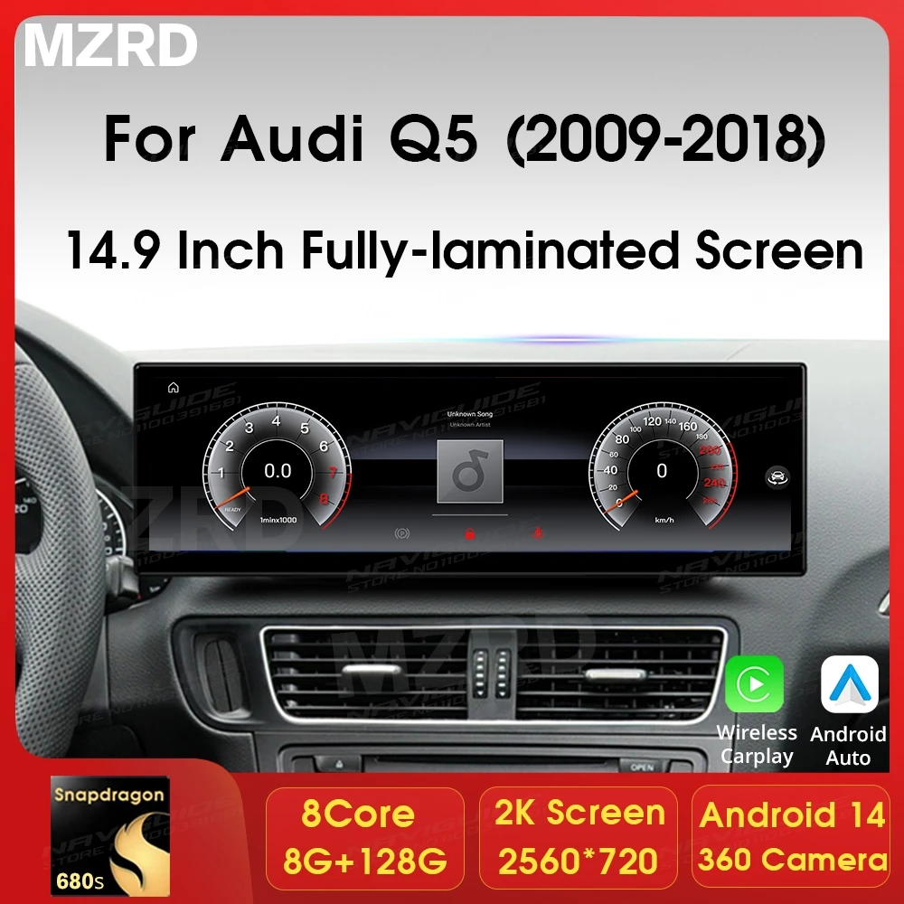 MZRD 14.9” Android 14.0 8+64G Car Multimedia Player For Audi Q5 LHD 2009-2016 GPS Navi Wireless Carplay Auto BT Headunit Tools