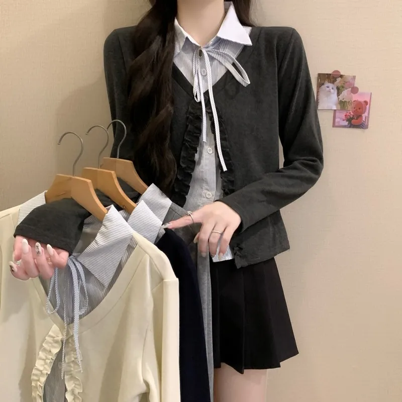 Korean Style Long Sleeve Collar Color Block Simple Design False Two-Piece Top Fashionable Ageless Autumn Winter New Arrival f...
