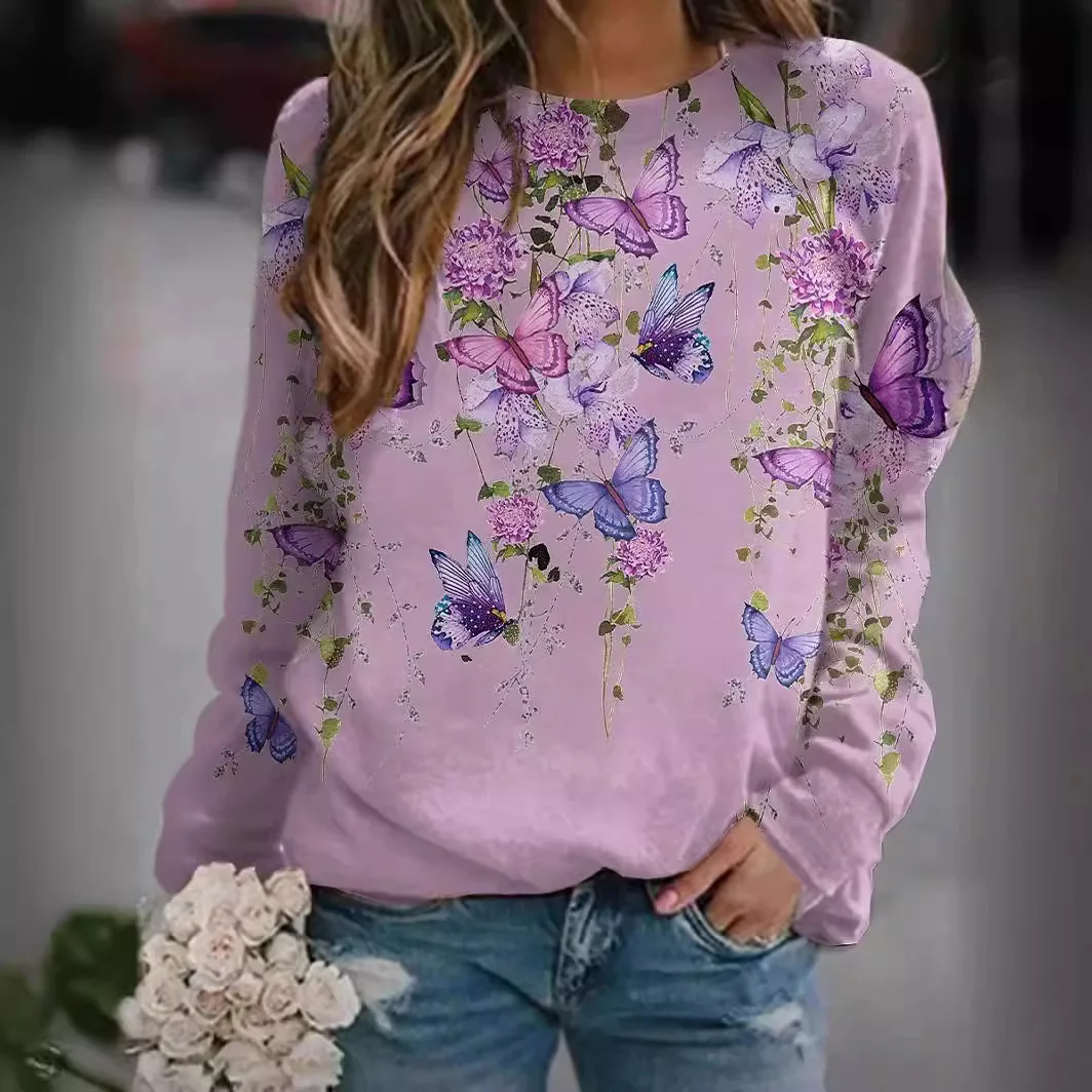 2024 Autumn T-shirt with European and American floral patterns, digital 3D printed women\'s street long sleeved sports hoodie top