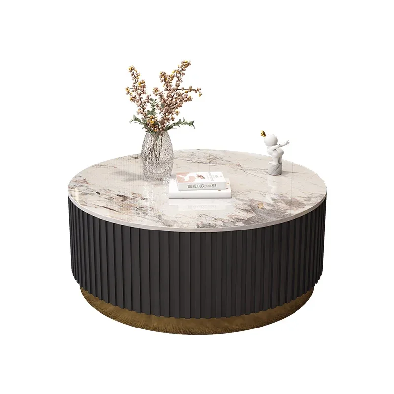 

Tea Table Pandora Stone Plate round Living Room Black Tea Table Light Luxury Modern Stainless Steel