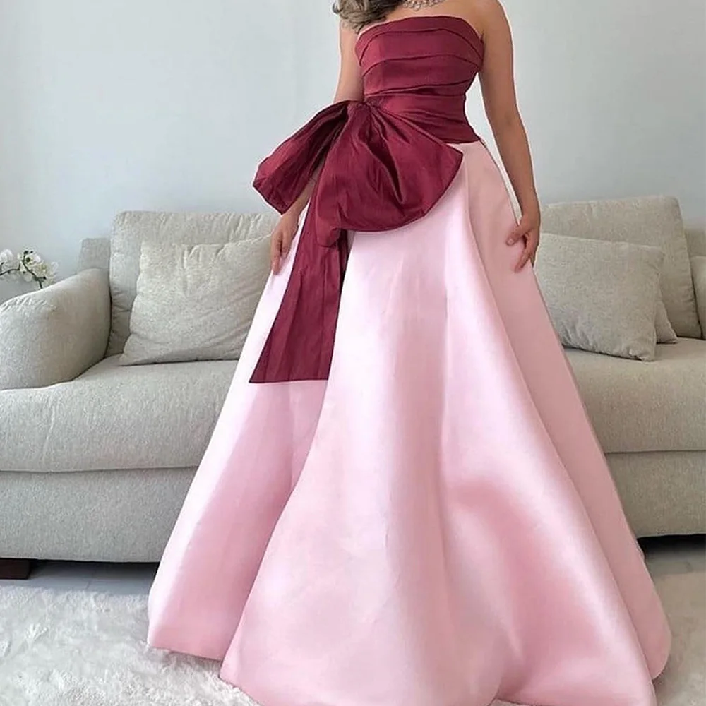 

Strapless Sleeveless Pleats Bow A-Line Floor Length Satin Sweep Train Backless Contrast Color Elegant Evening Dress Custom Size