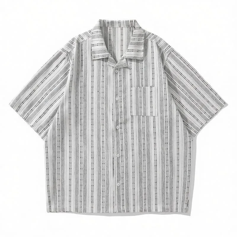

Japanese Vintage Cotton & Linen Striped Cuban Collar Shirt Men Relaxed Fit Stylish Short Sleeve Work Shirt