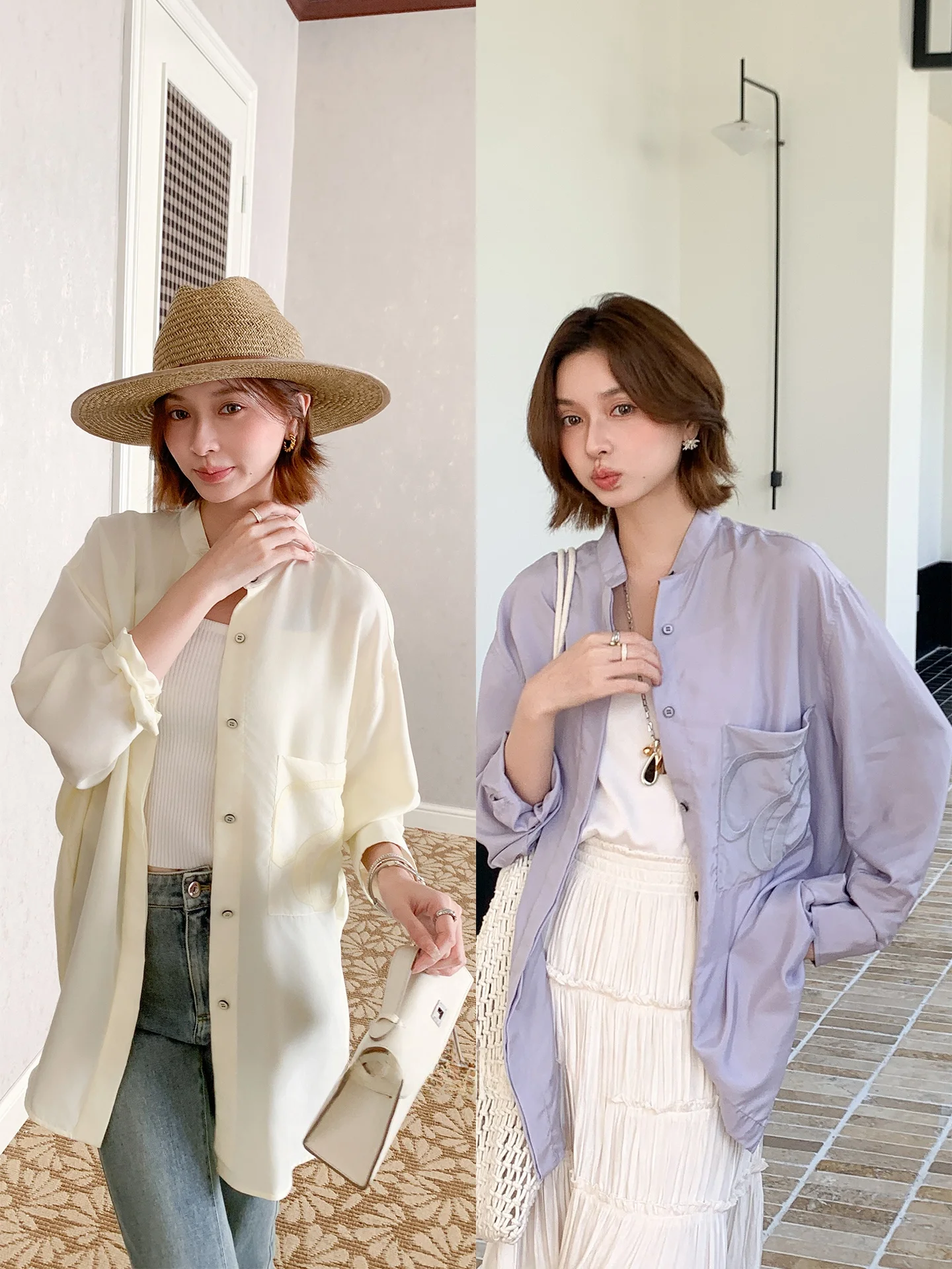 

00% Silk Sand Waed Spun Long Sve Women's Loose Collar Casual Lazy Sle irt Autumn Season Pure Color