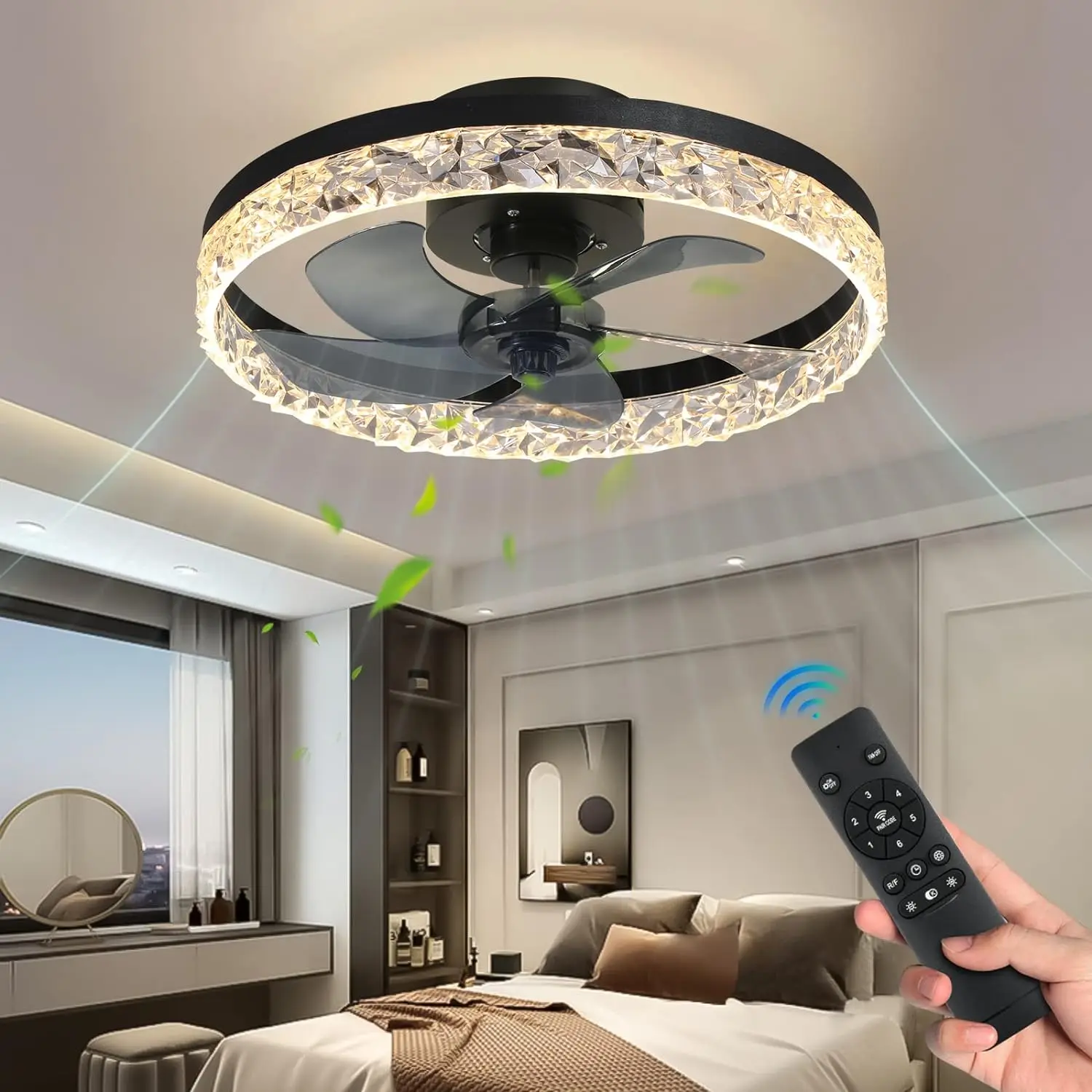 

Modern Indoor Crystal Ceiling Fan with Lights Dimmable Remote Control Smart APP Fan Lamp For Bedroom Living Room Kitchen