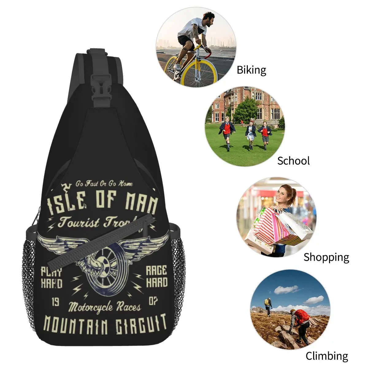 Isle Of Man Racing Vintage Crossbody Sling Bag Small Chest Bag American Style Shoulder Backpack Daypack for Hiking Travel Sports