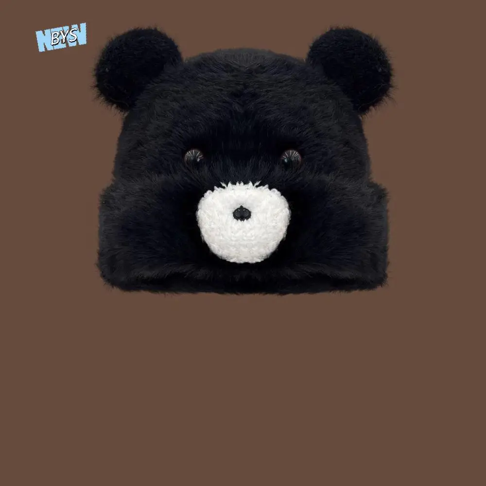 

Leisure Korean Cute Bear Ear Hat Warm Plush Pompom Beanie Cap Casual Ear Protection Women Fluffy Hat Streetwear