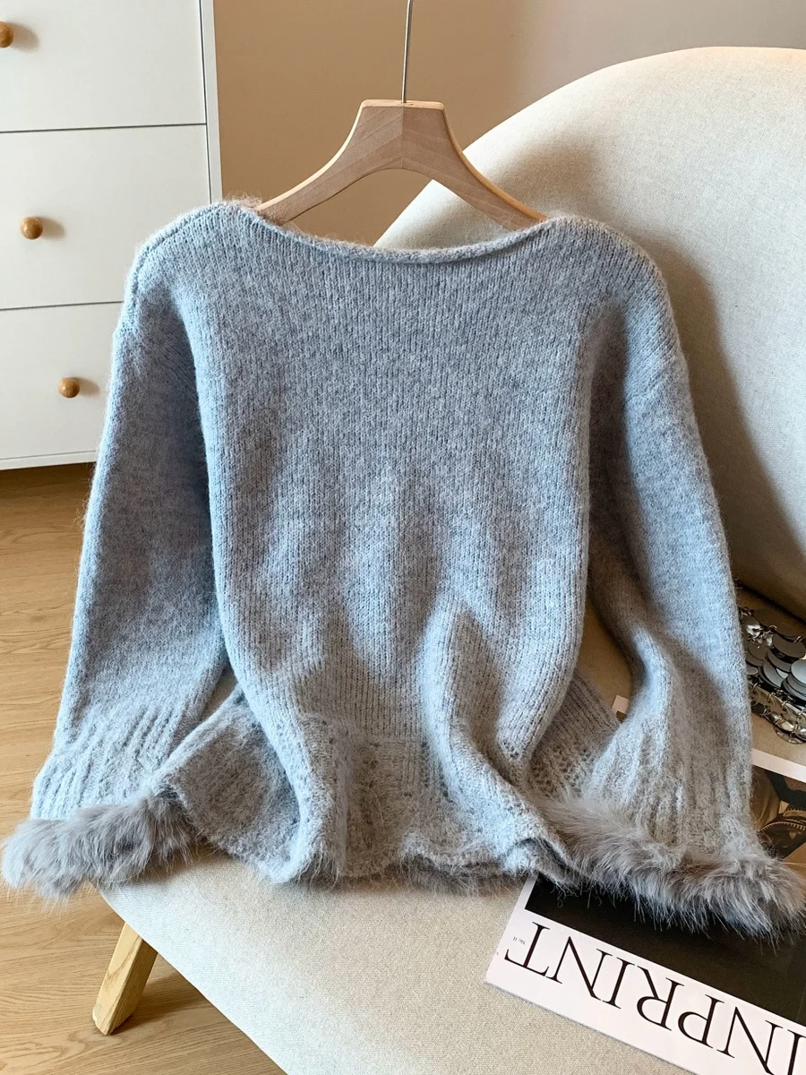 Sweet Soft  Embroidery round Neck Knitted Sweater Women's Autumn Winter Fluffy Soft Bell Sleeve Comfortable Knitwear view 3