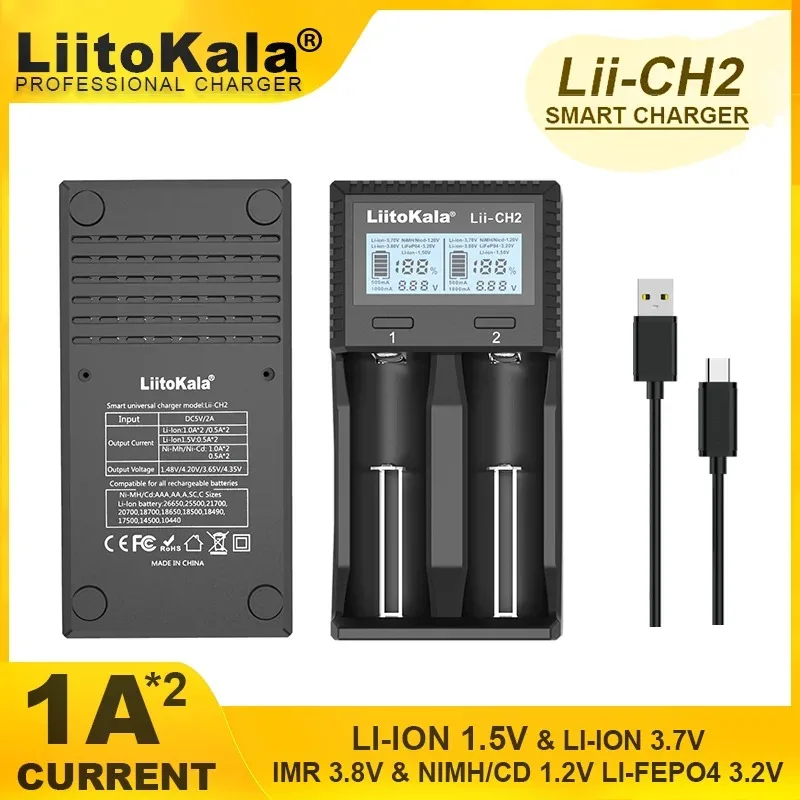 

LiitoKala Lii-CH2 1,5 V AA AAA литий-ионная литиевая аккумуляторная батарея, умное зарядное устройство для 3,2 V 3,7 V 18650 21700 26650 26700 18350