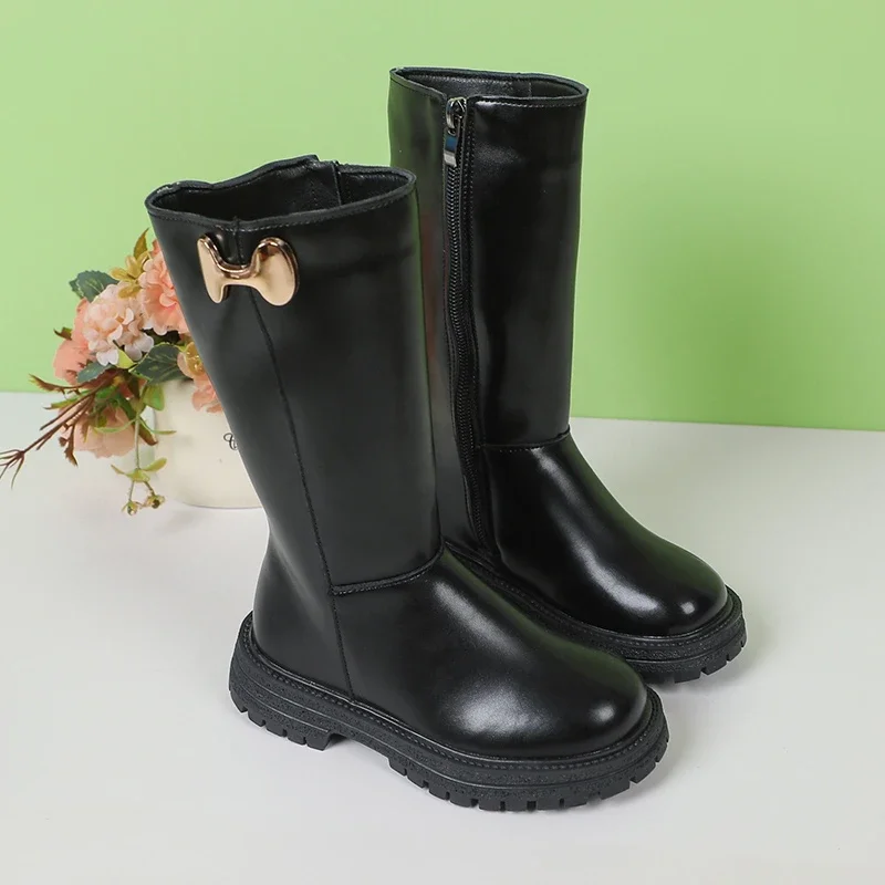 Girls Long Boots Black Fashion Kids Leather High Boots 2024 Autumn Winter Fashion Warm Fur Children Motorcycle Boots Classic