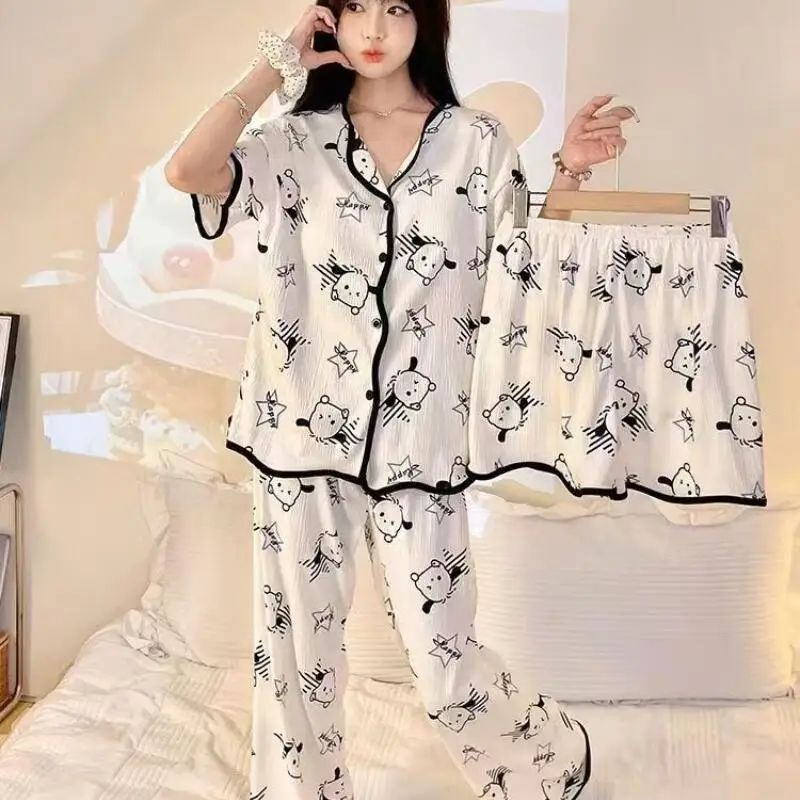 

Women's Short Sleeved Shorts Pajama Set Women's Summer New Cardigan Trousers Home Wear Youth Fashion Breathable Three Piece Set