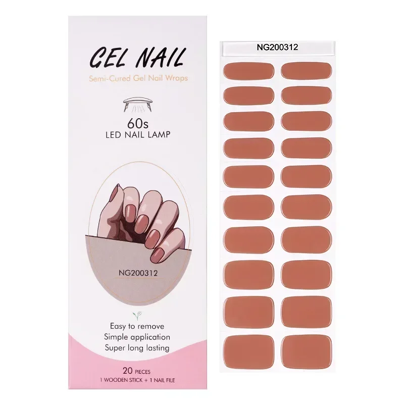 16/20Tips Semi-Cured Nail Wraps Simple Color Adhesive Waterproof Long Lasting Gel Nails Stickers set for UV Lamp Need Manicure