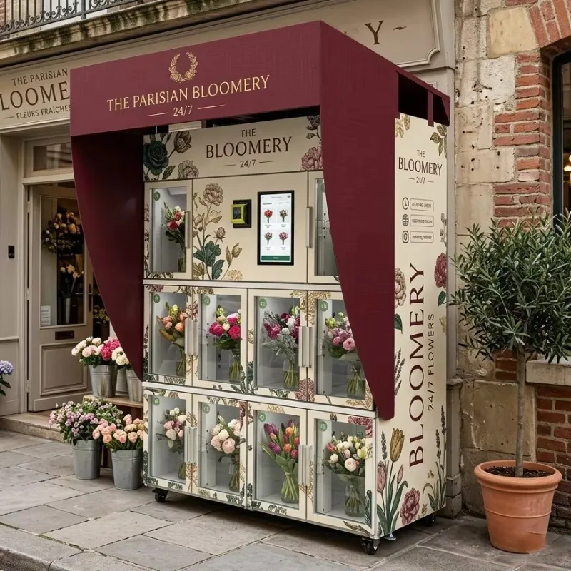 8 Door Refrigerated Flower Vending Machine Outdoor 24/7 Anti-Fog Heated Tempered Glass Locker Style Customizable Toldos