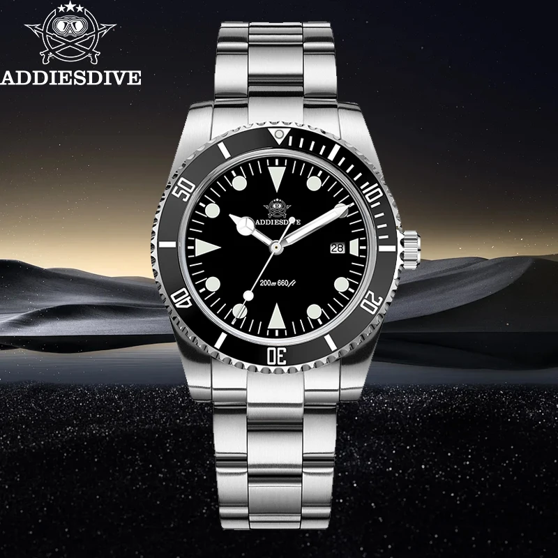 

ADDIESDIVE Luxury 39mm Men Watch New AD2066 Stainless Steel Quartz Watch Ceramic Bezel Waterproof 200m Domed Glass Lume Watch