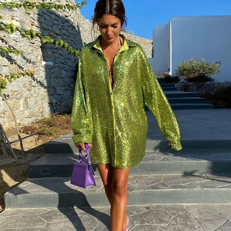 

iny Bead Long Sve Women's irt Mid-Length Sparkling Workwear Loose Fit Large Size Cross-Border Sle Faded Color PU Mat...