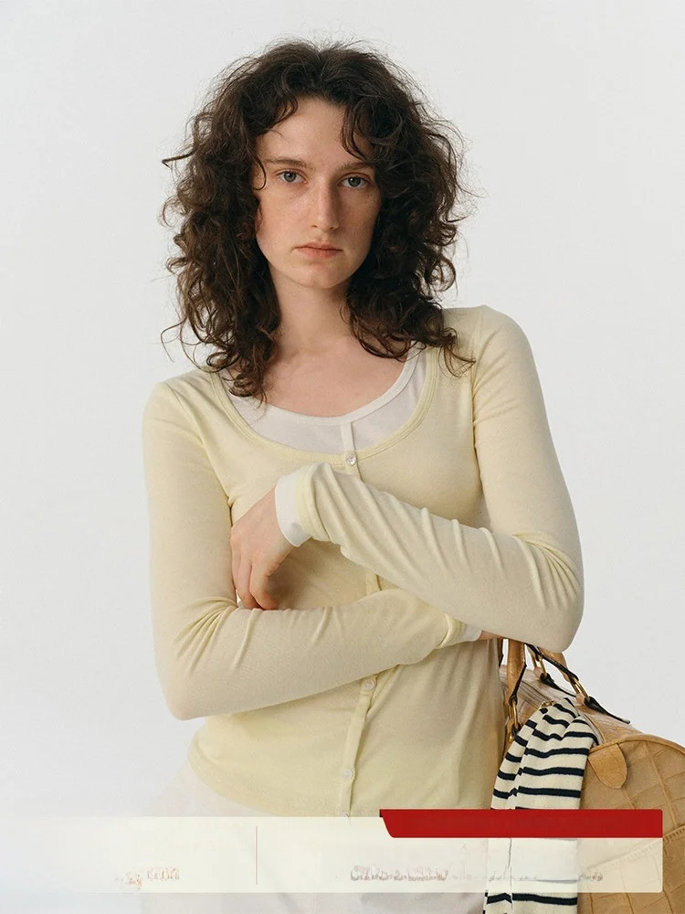 

Color Blo Knitted Long Sve U-Ne Top Women Slim Fit Base Layer irt Early Autumn New Sle Who Peach eep