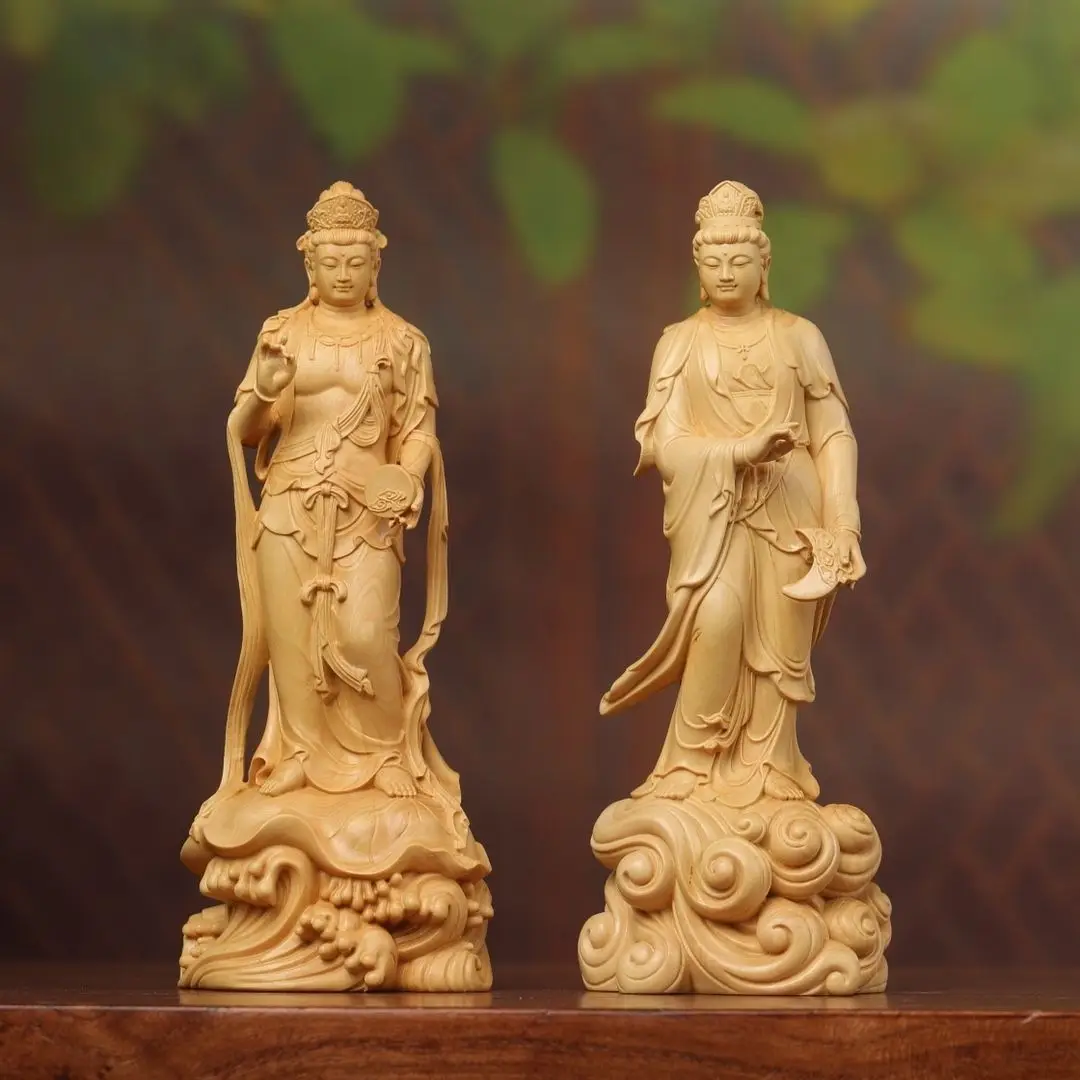 Boxwood Carving of The Sun and Moon Bodhisattvas Oriental Trinity Buddha Altar Ornament and Decorative
