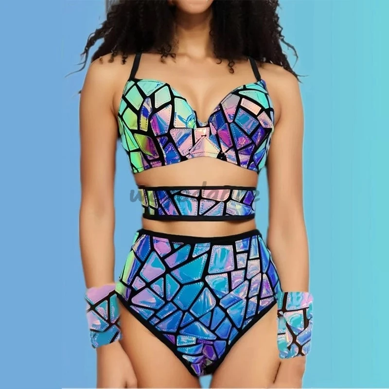 

Bikini Pole Dance Outfit Purple Blue Laser Sequins Bar Nightclub Sexy Stage Wear Women Dancer Singer Mirror Performance Costume