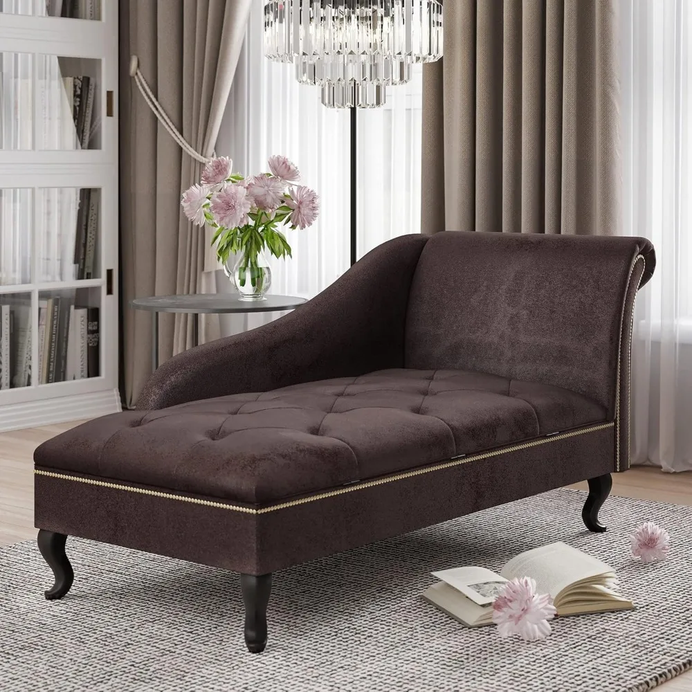 Modern Tufted Velvet Chaise Lounge with Storage, Elegant Victorian Vintage Style Upholstered Couch for Bedroom or Living Room