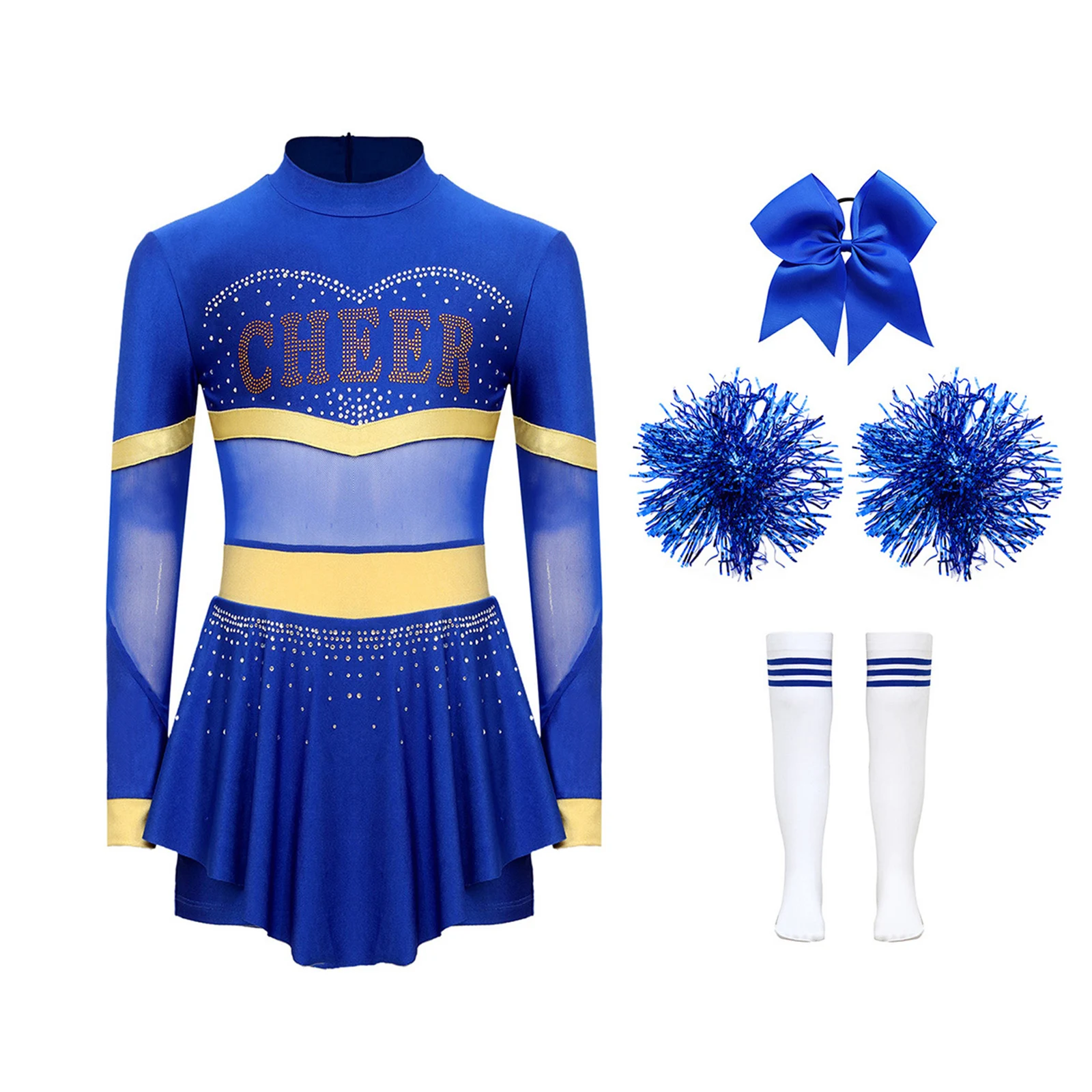 

4Pcs Girls Cheer Leader Costume Long Sleeve Diamonds Jumpsuit+Hand Flower+Bowknot Hair Ties+Socks Cheerleading Dance Streetwear