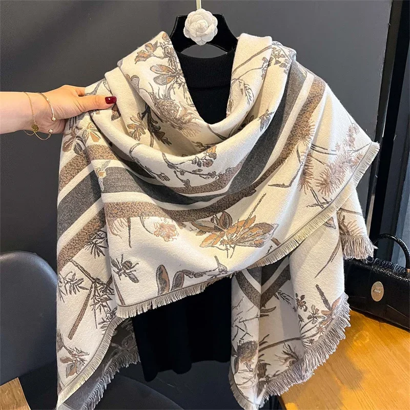 

Luxury Brand Cashmere Women Floral Scarf Winter Warm Shawl and Wrap Bandana Pashmina Female Foulard Square Thick Blanket Poncho