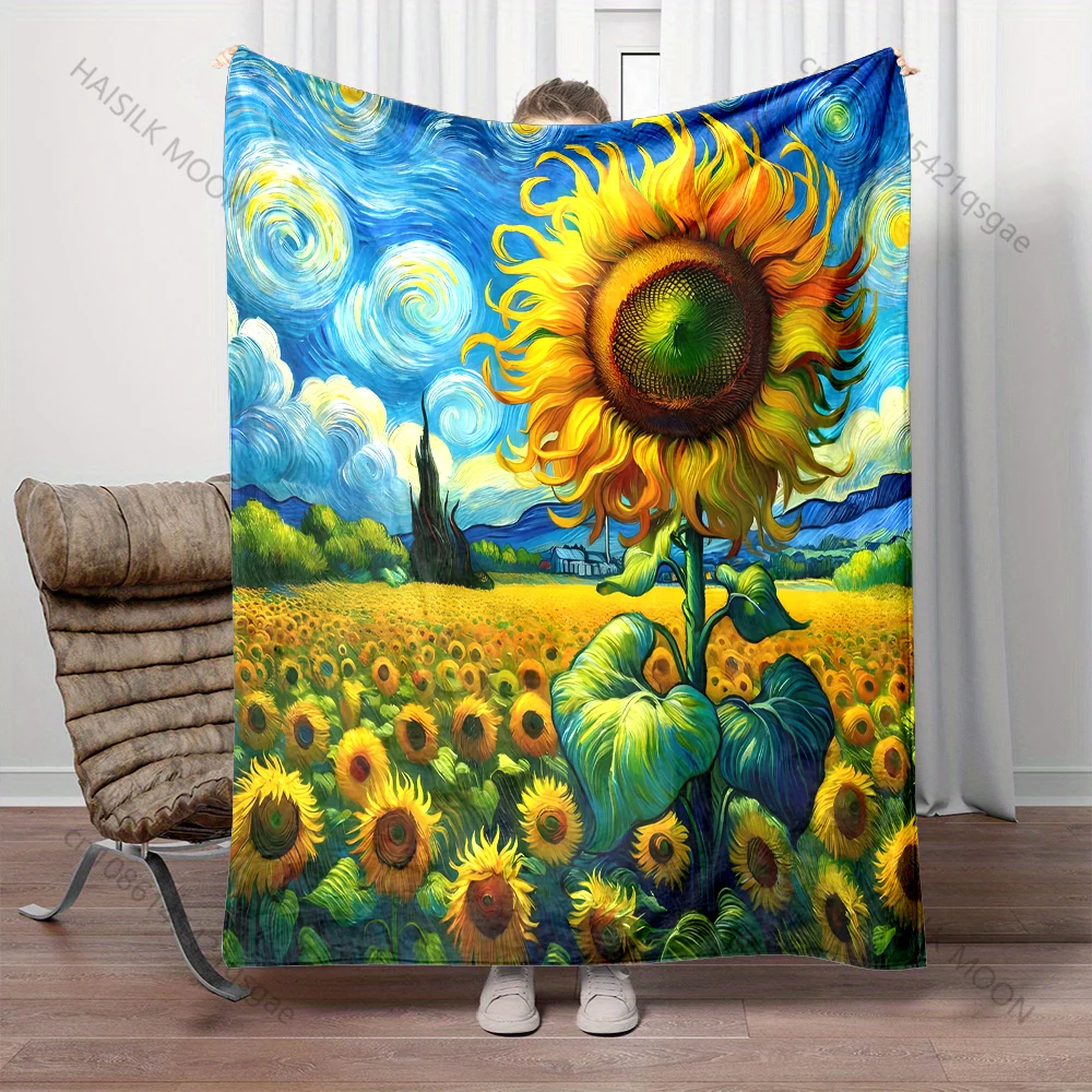 Bright Sunflower and Swirling Sky Pattern Blanket Flannel Material Soft Warm for All Seasons, Home Outdoor Camping Picnics RV