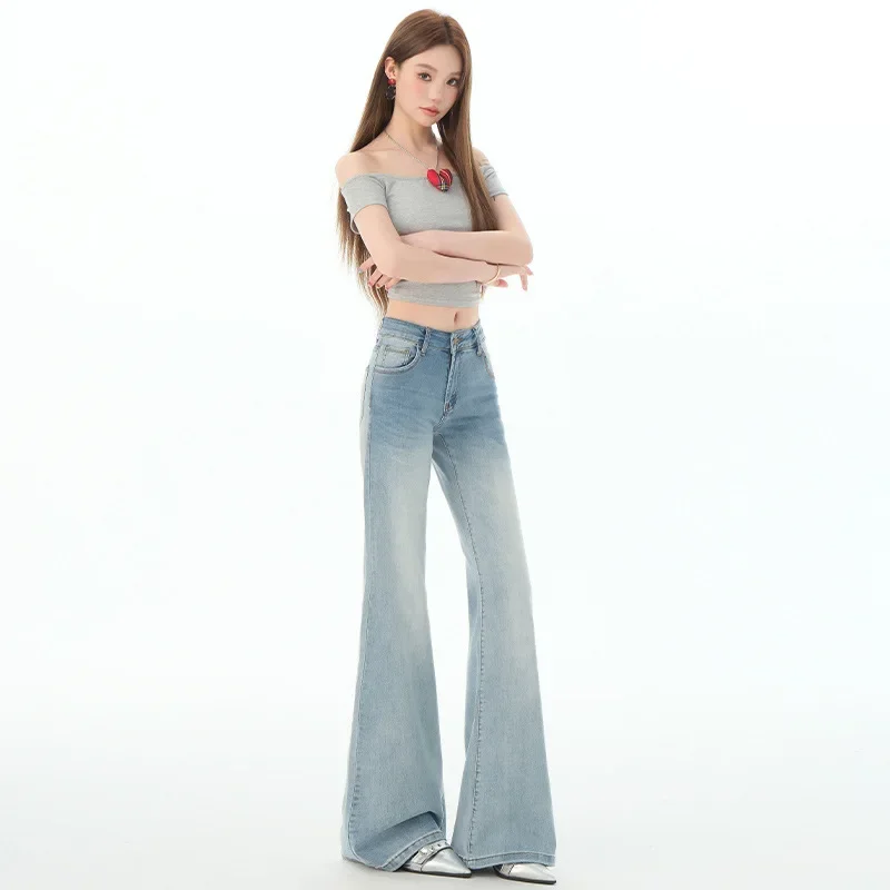 

2025 Spice Girl Slim-fit Micro-flared Jeans, Women's Four Seasons New Fashionable and Comfortable Washed Ice Blue Loose Jeans