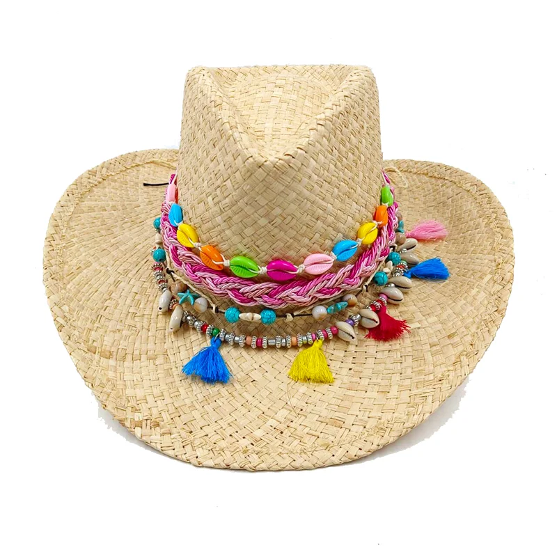 Raffia Western Cowboy Straw Hat  Summer New Sun Protection Visor Hat Men and Women Cowboy Hat  Dopamine sombrero vaquero