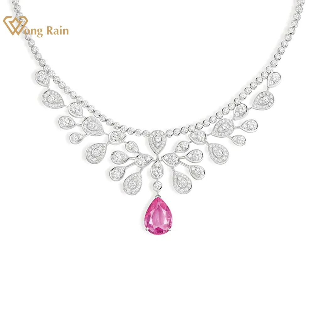 Wong Rain 100% 925 Sterling Silver Pear Cut Lab Sapphire Ruby Sapphire Gemstone Tennis Chain Pendant Necklace For Women Jewelry