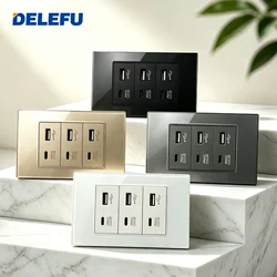 DELEFU 4*2 Black White Grey Tempered Glass Panel Complete All Charge Tpye-c USB Wall Socket 118*74mm 2.1A 5V Outlet USB Socket